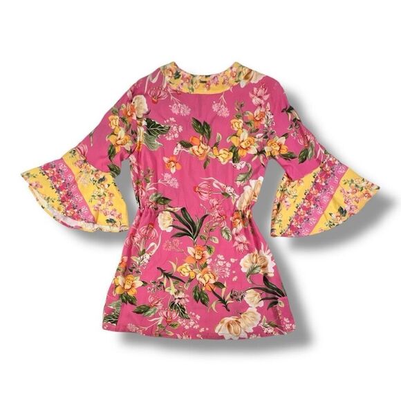 Maaji Botany Joy Kaftan Floral Pink Yellow Dress Bell Sleeve Size Large - Picture 6 of 8